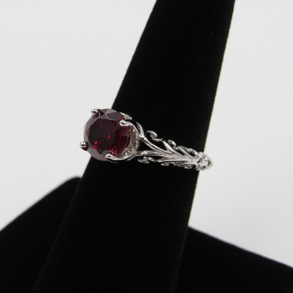 Sterling Silver Swirl Band Red CZ Diamond Ring - Picture 2 of 5